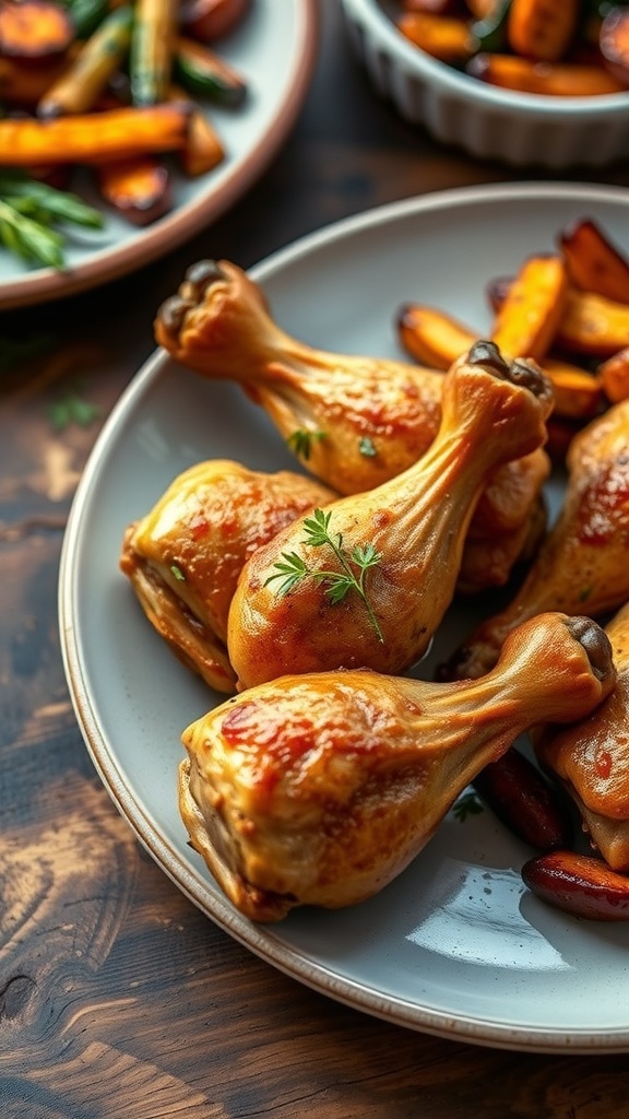 Baked chicken drumsticks on a plate with roasted vegetables, garnished with herbs.